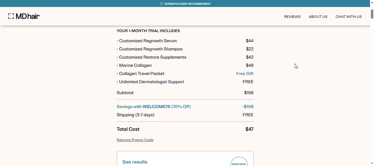 MDhair promo code screenshot showing code WELCOME70 applied at MDhair checkout page. Uploaded by SimplyCodes community member armalissolorzano1 on Nov 10, 2025