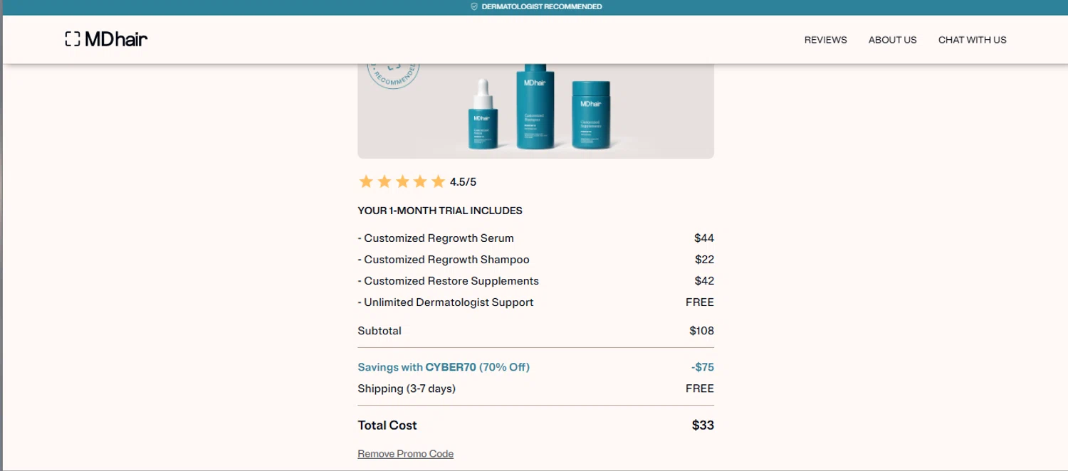 MDhair promo code screenshot showing code CYBER70 applied at MDhair checkout page. Uploaded by SimplyCodes community member armalissolorzano1 on Dec 15, 2025