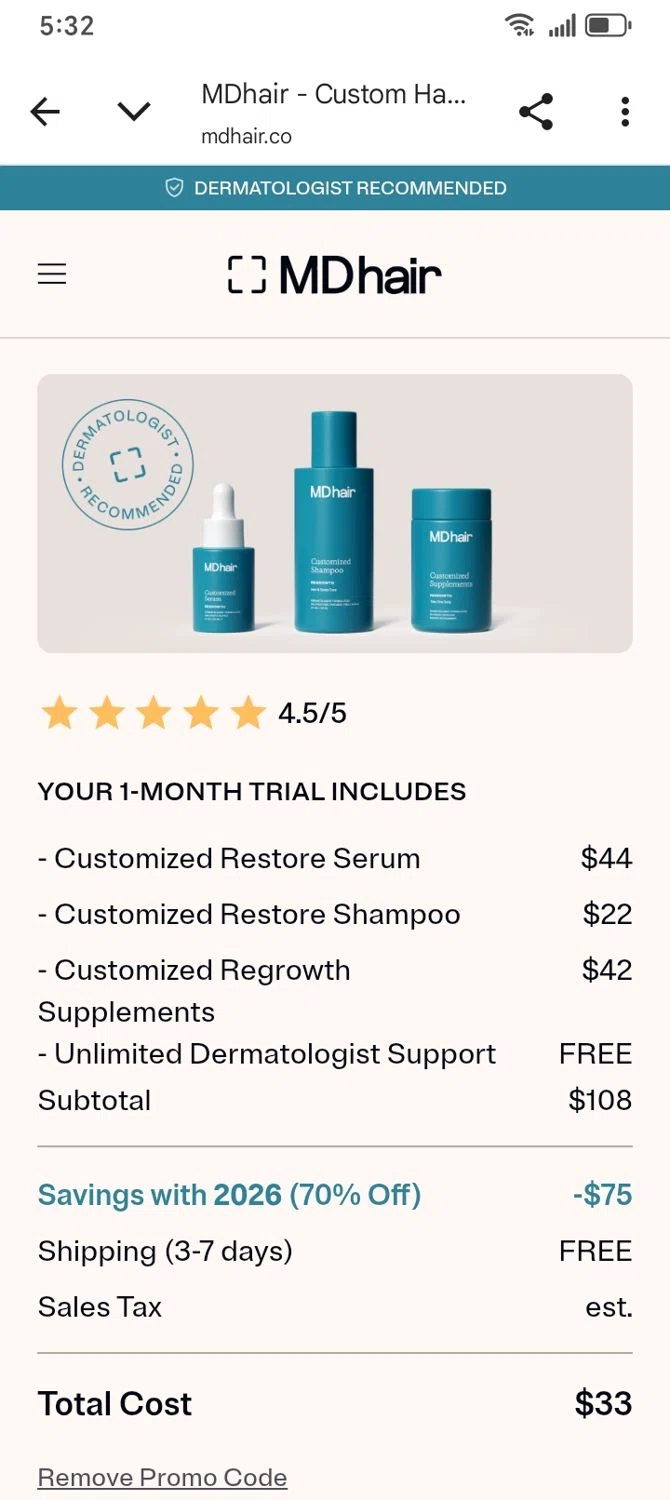 MDhair promo code screenshot showing code 2026 applied at MDhair checkout page. Uploaded by SimplyCodes community member franksanchez on Jan 2, 2026