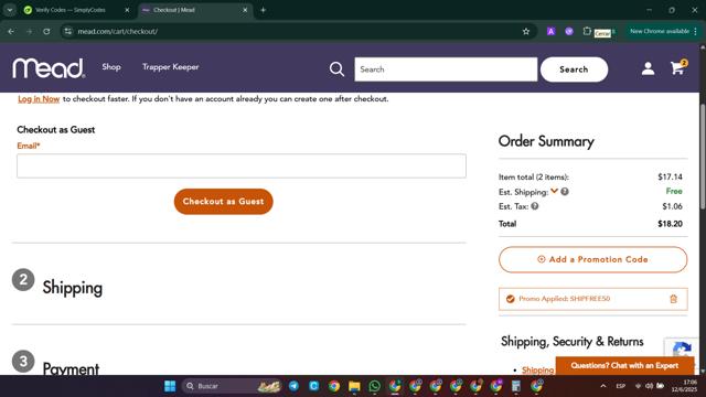 Mead checkout page showing Mead promo code box | Screenshot taken by SimplyCodes community member on Jun 12, 2025