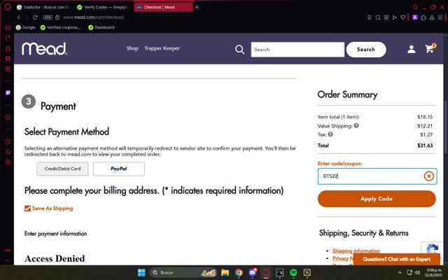 Mead checkout page showing Mead promo code box | Screenshot taken by SimplyCodes community member on Jun 12, 2025