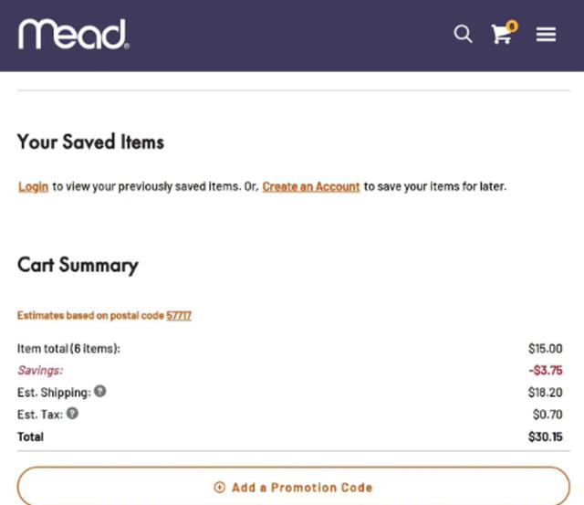 Mead checkout page showing Mead promo code box | Screenshot taken by SimplyCodes community member on Sep 12, 2025