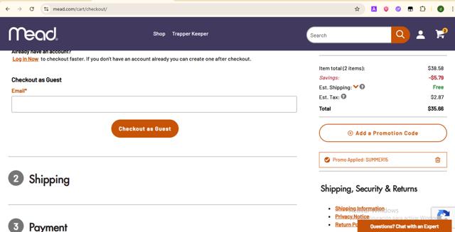 Mead checkout page showing Mead promo code box | Screenshot taken by SimplyCodes community member on Jul 3, 2025