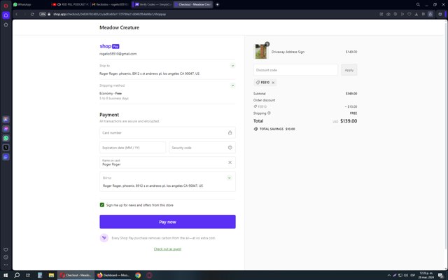 Meadow Creature checkout page showing Meadow Creature discount code box | Screenshot taken by SimplyCodes community member on Mar 28, 2024