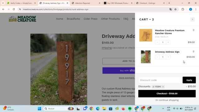 Meadow Creature checkout page showing Meadow Creature discount code box | Screenshot taken by SimplyCodes community member on Jul 20, 2024
