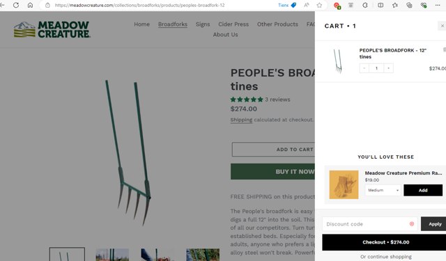Meadow Creature checkout page showing Meadow Creature discount code box | Screenshot taken by SimplyCodes community member on Sep 5, 2024