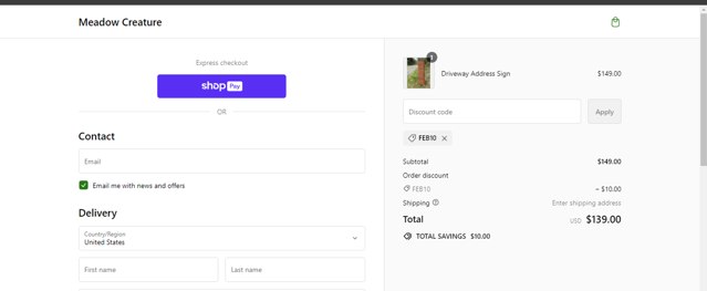 Meadow Creature checkout page showing Meadow Creature discount code box | Screenshot taken by SimplyCodes community member on Apr 24, 2024