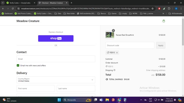 Meadow Creature checkout page showing Meadow Creature discount code box | Screenshot taken by SimplyCodes community member on Jun 21, 2024