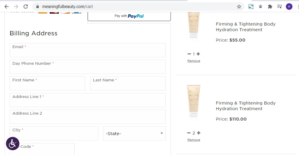 Meaningful Beauty checkout page showing Meaningful Beauty discount code box | Screenshot taken by SimplyCodes community member on Jul 3, 2020