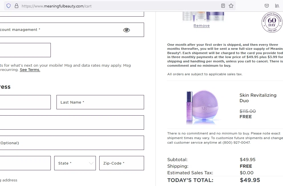 Meaningful Beauty checkout page showing Meaningful Beauty discount code box | Screenshot taken by SimplyCodes community member on Aug 28, 2021