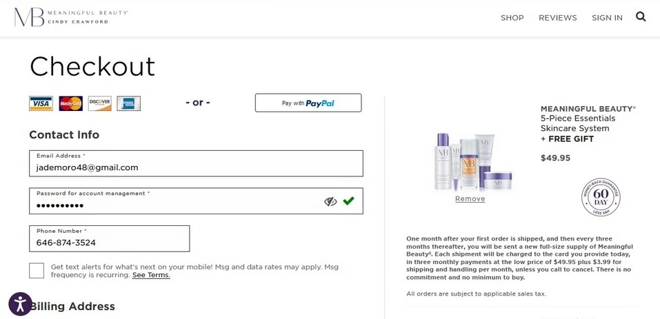 Meaningful Beauty checkout page showing Meaningful Beauty discount code box | Screenshot taken by SimplyCodes community member on Feb 21, 2022