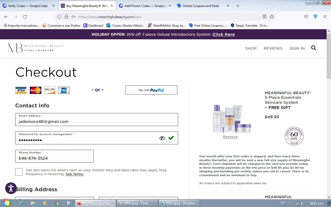Meaningful Beauty checkout page showing Meaningful Beauty discount code box | Screenshot taken by SimplyCodes community member on Jan 3, 2022