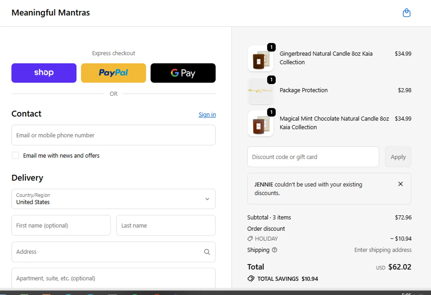 Meaningful Mantras promo code screenshot showing code Jennie applied at Meaningful Mantras checkout page. Uploaded by SimplyCodes community member Stun222 on Dec 24, 2025