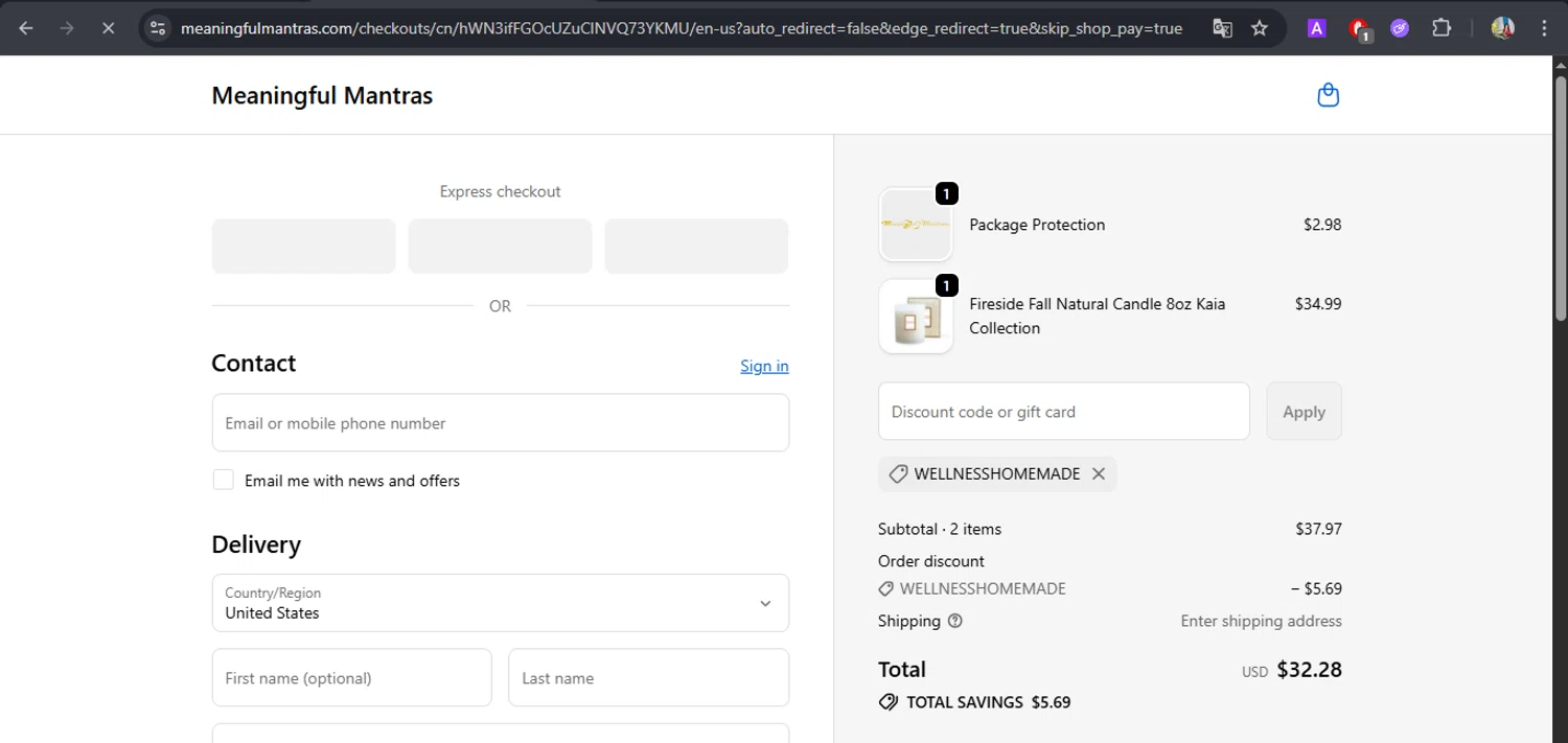 Meaningful Mantras promo code screenshot showing code WELLNESSHOMEMADE applied at Meaningful Mantras checkout page. Uploaded by SimplyCodes community member BrilliantFox7966 on Oct 4, 2025