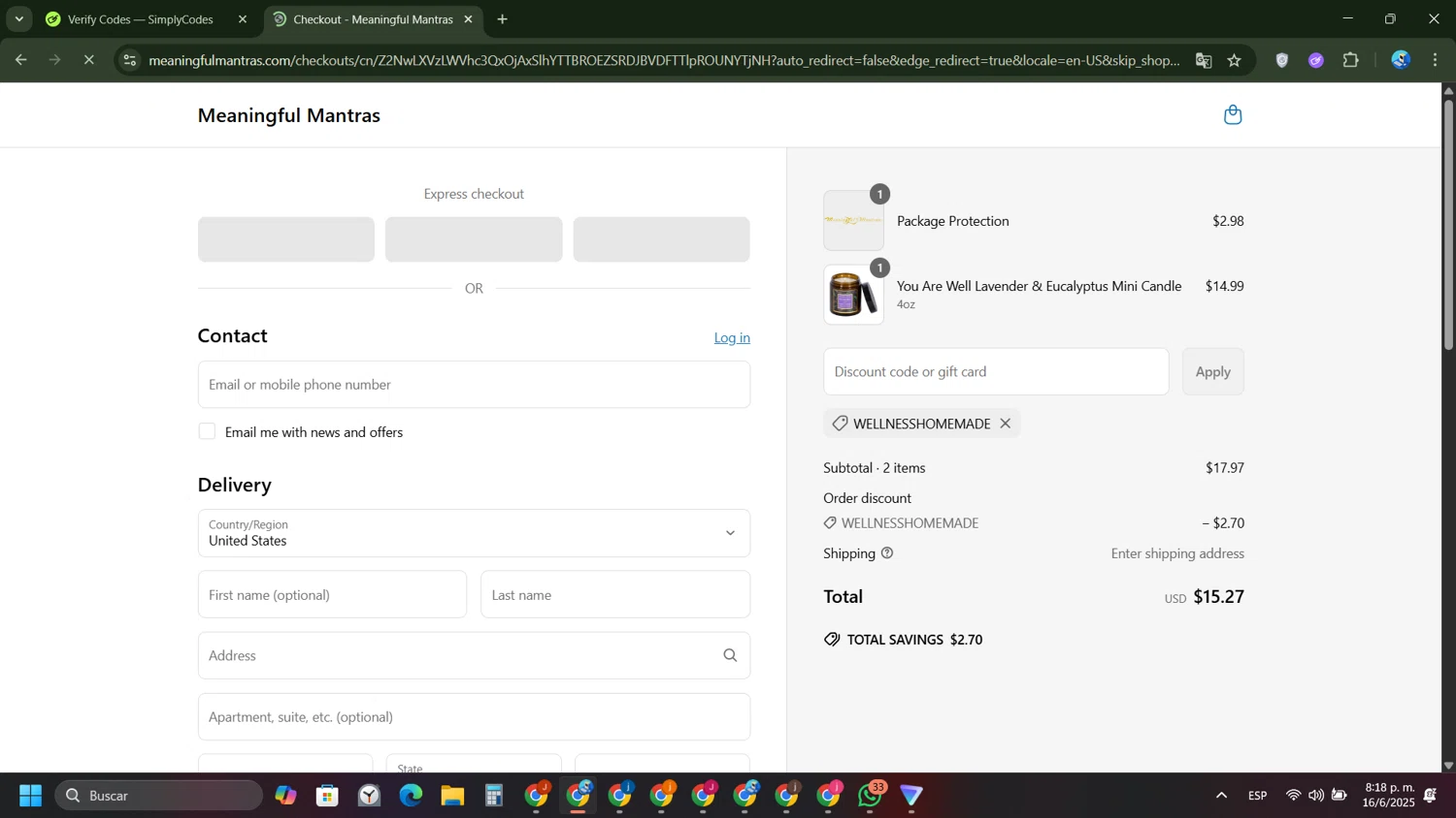 Meaningful Mantras promo code screenshot showing code WELLNESSHOMEMADE applied at Meaningful Mantras checkout page. Uploaded by SimplyCodes community member FernandoLetex on Jun 17, 2025