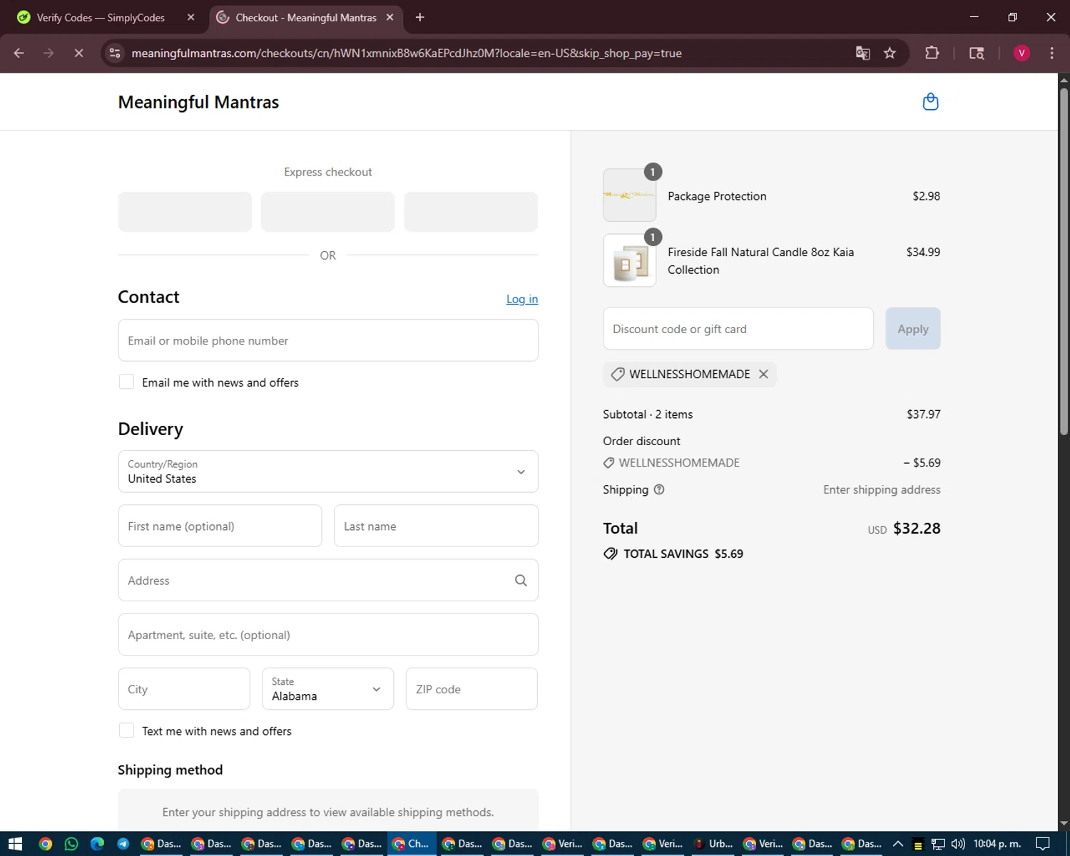 Meaningful Mantras promo code screenshot showing code WELLNESSHOMEMADE applied at Meaningful Mantras checkout page. Uploaded by SimplyCodes community member ShieldEagle6102 on Aug 19, 2025
