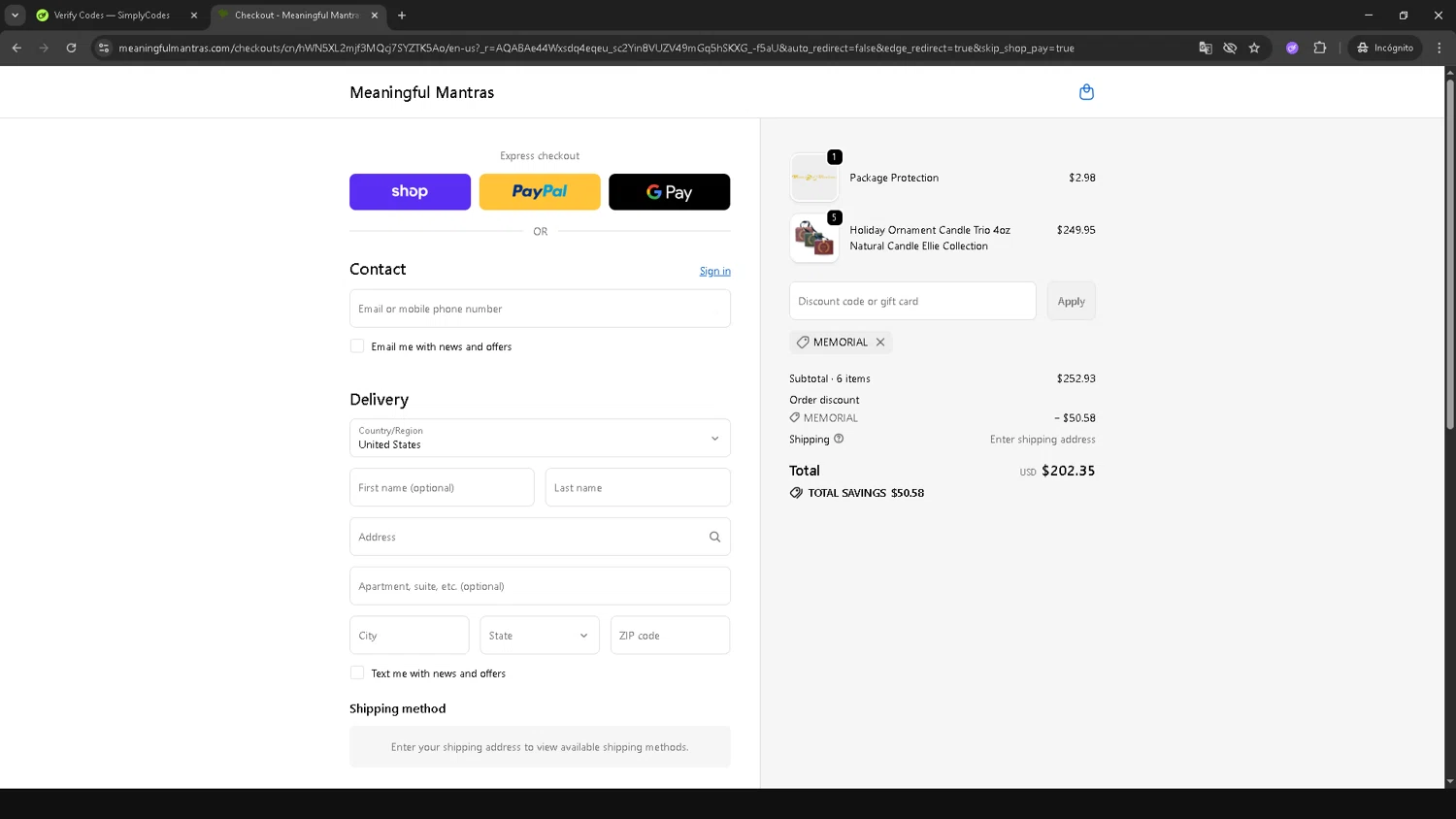 Meaningful Mantras promo code screenshot showing code MEMORIAL applied at Meaningful Mantras checkout page. Uploaded by SimplyCodes community member CRF250CC on Nov 21, 2025