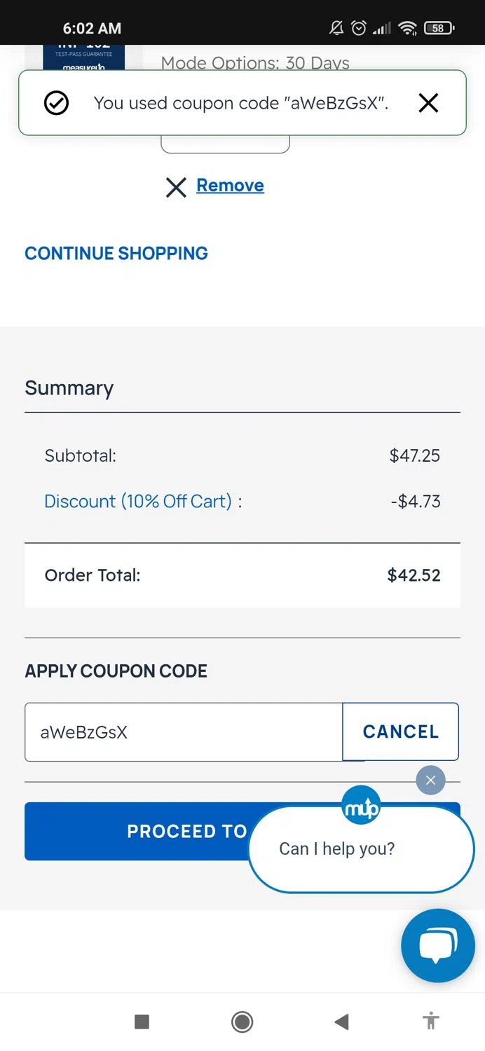 MeasureUp coupon code screenshot showing code aWeBzGsX applied at MeasureUp checkout page. Uploaded by SimplyCodes community member Mujerdejunnior on Jul 7, 2025