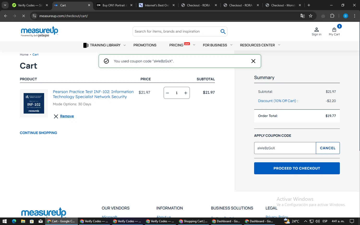 MeasureUp coupon code screenshot showing code aWeBzGsX applied at MeasureUp checkout page. Uploaded by SimplyCodes community member LegendaryWarden2503 on Dec 30, 2024
