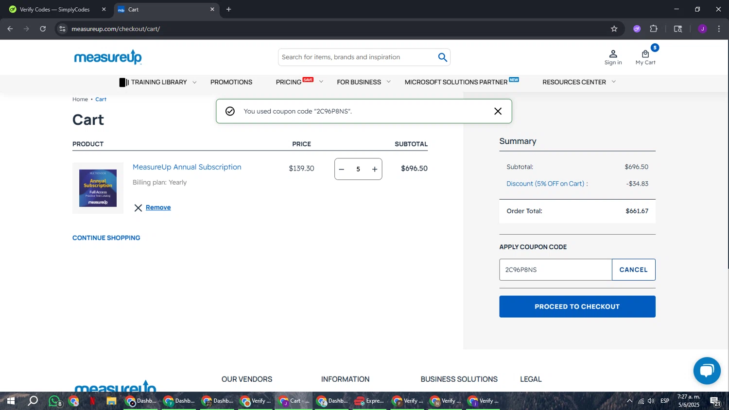 MeasureUp coupon code screenshot showing code 2C96P8NS applied at MeasureUp checkout page. Uploaded by SimplyCodes community member ComeBurra123 on Jun 5, 2025