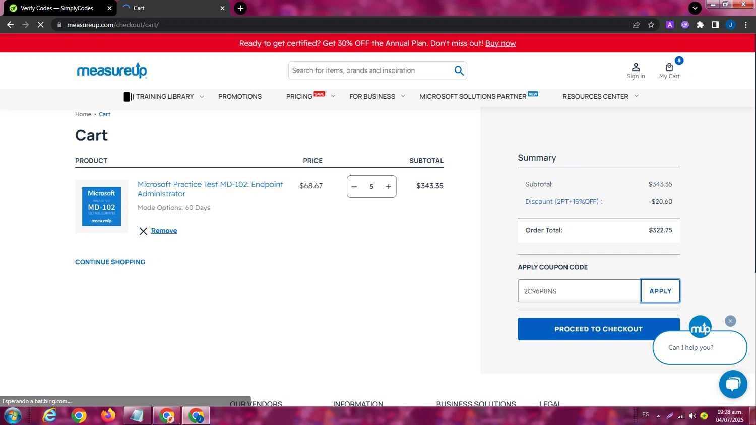 MeasureUp coupon code screenshot showing code 2C96P8NS applied at MeasureUp checkout page. Uploaded by SimplyCodes community member ExtraordinaryPhoenix9295 on Jul 4, 2025
