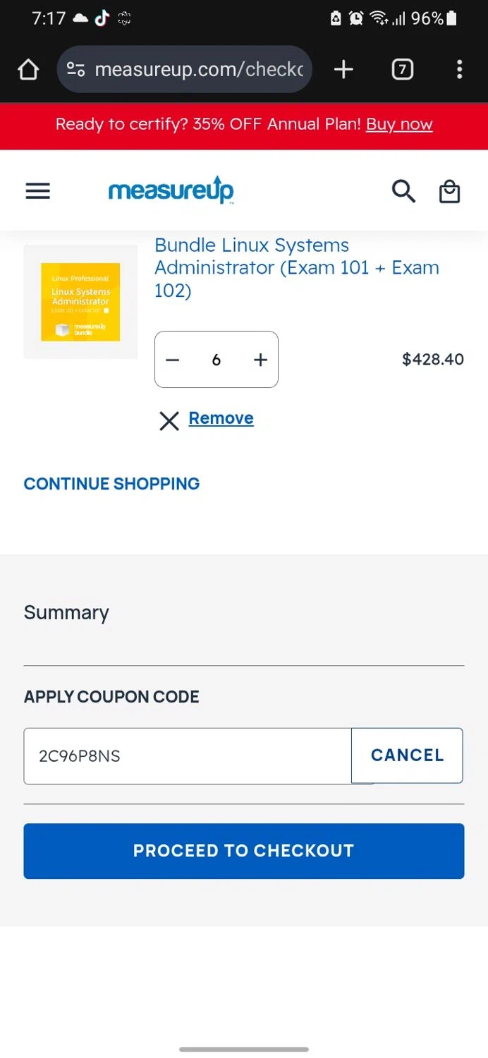 MeasureUp coupon code screenshot showing code 2C96P8NS applied at MeasureUp checkout page. Uploaded by SimplyCodes community member miguelcrast on Aug 31, 2025