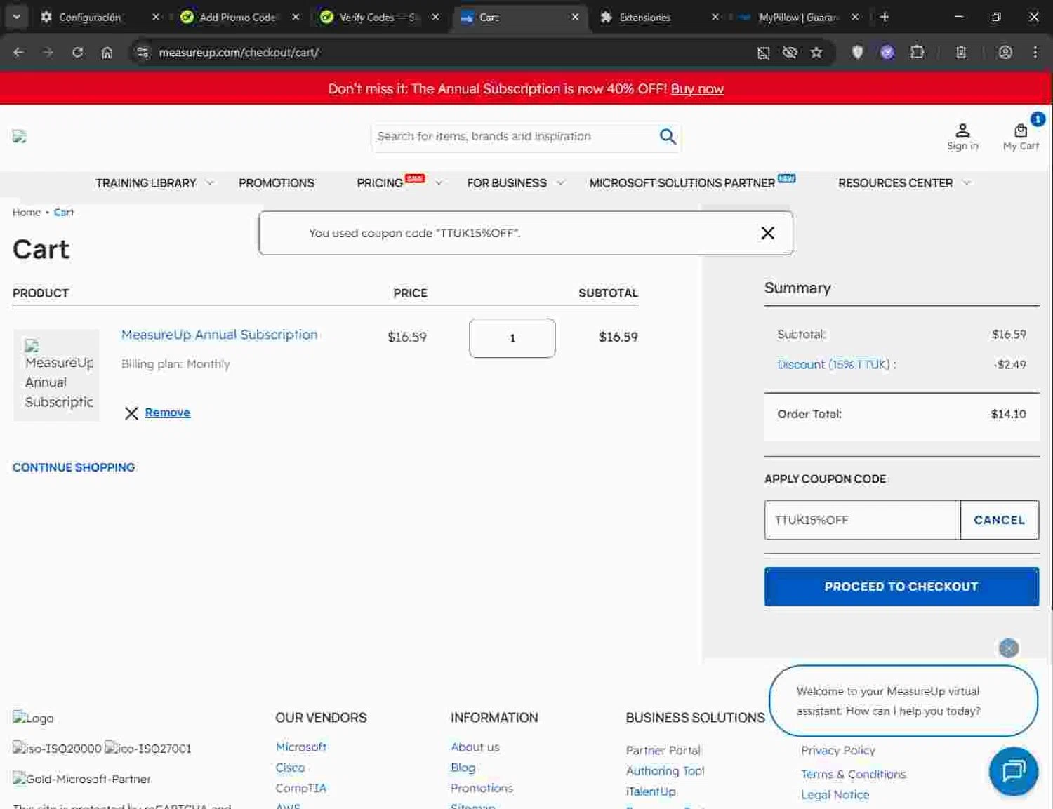 MeasureUp coupon code screenshot showing code TTUK15%OFF applied at MeasureUp checkout page. Uploaded by SimplyCodes community member Deadpool on Sep 26, 2025
