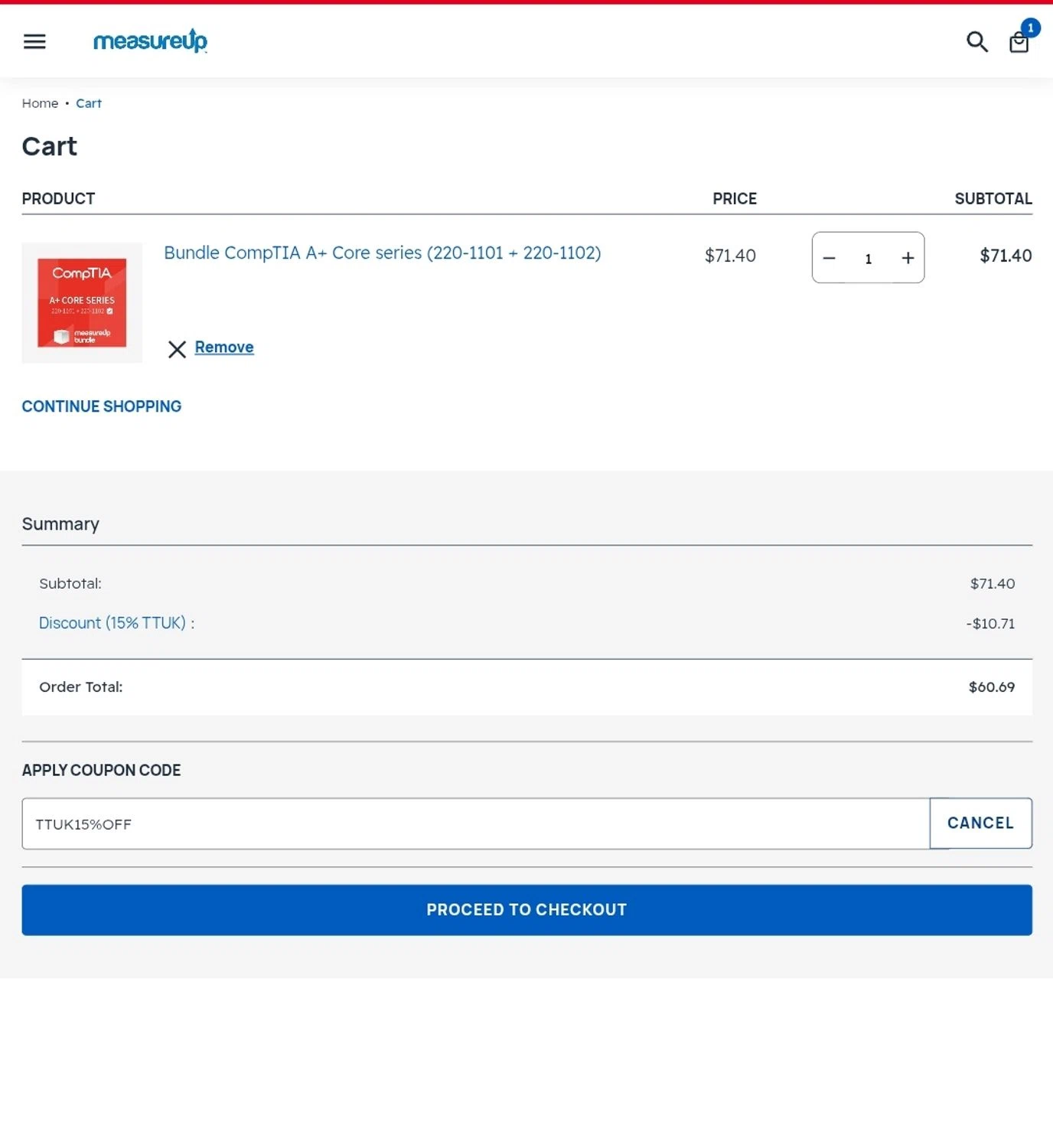 MeasureUp coupon code screenshot showing code TTUK15%OFF applied at MeasureUp checkout page. Uploaded by SimplyCodes community member JuanMonge on Aug 28, 2025