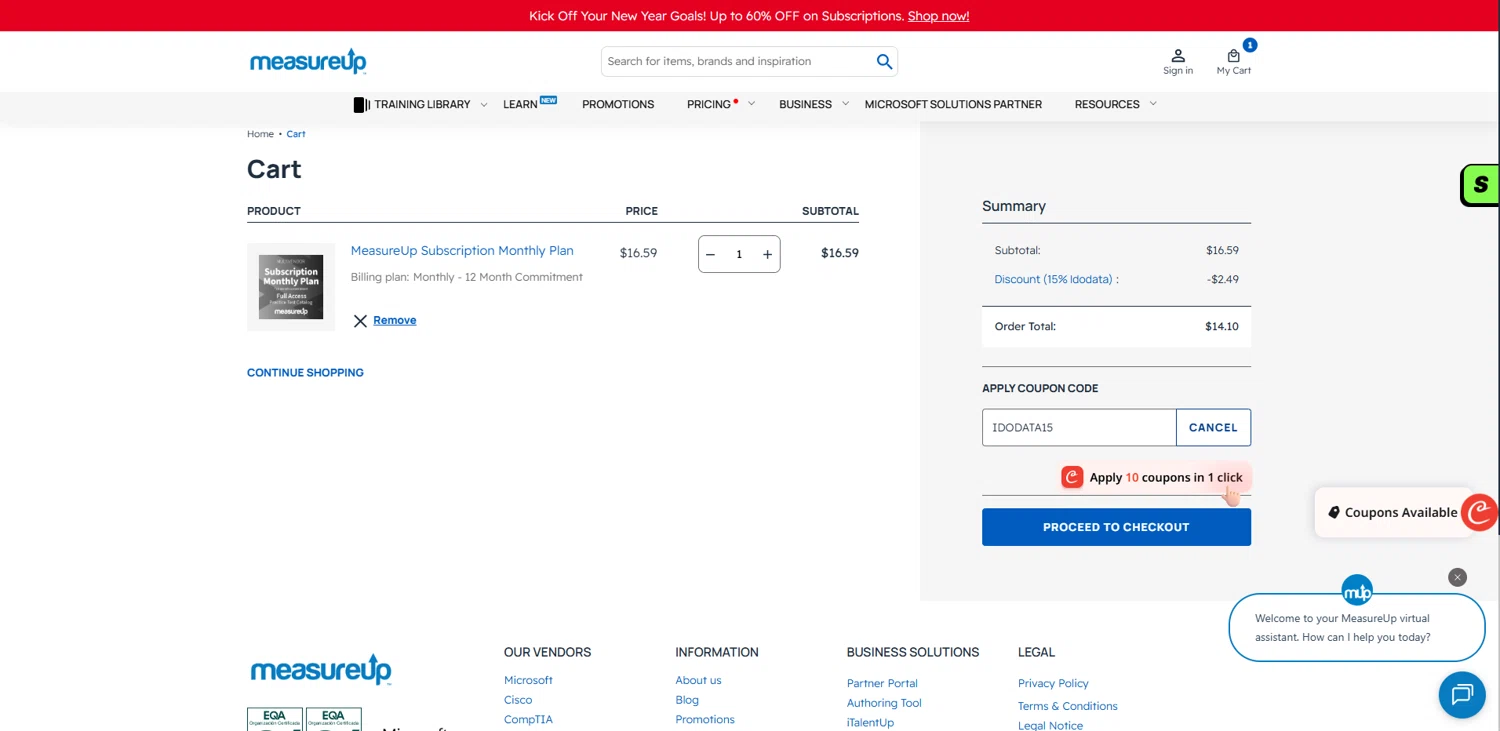 MeasureUp coupon code screenshot showing code IDODATA15 applied at MeasureUp checkout page. Uploaded by SimplyCodes community member pabloprieto on Dec 28, 2025