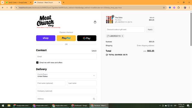 Meat Church checkout page showing Meat Church discount code box | Screenshot taken by SimplyCodes community member on Sep 1, 2025