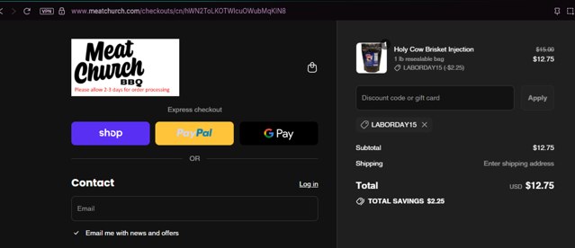 Meat Church checkout page showing Meat Church discount code box | Screenshot taken by SimplyCodes community member on Sep 1, 2025