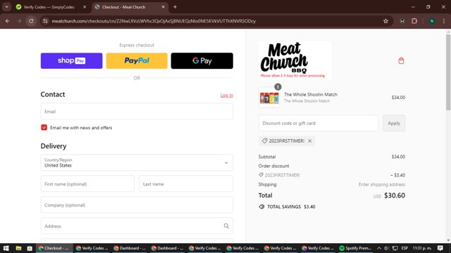 Meat Church checkout page showing Meat Church discount code box | Screenshot taken by SimplyCodes community member on Jun 18, 2024