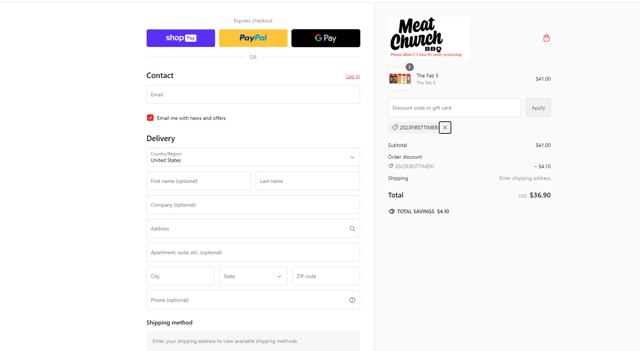 Meat Church checkout page showing Meat Church discount code box | Screenshot taken by SimplyCodes community member on Sep 28, 2024