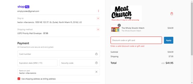 Meat Church checkout page showing Meat Church discount code box | Screenshot taken by SimplyCodes community member on Dec 4, 2024