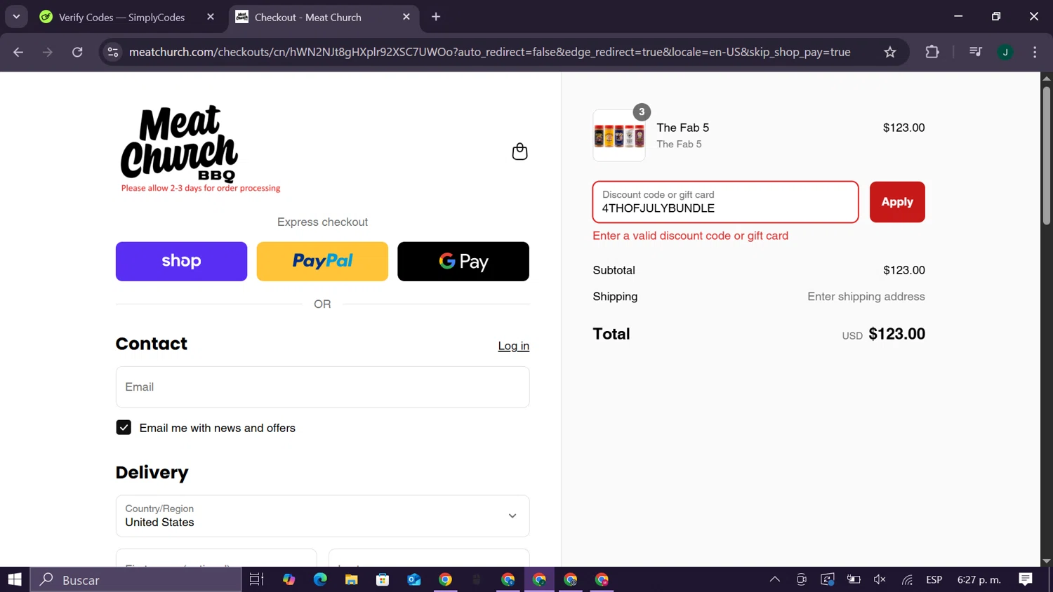 Meat Church promo code screenshot showing code 4THOFJULYBUNDLE applied at Meat Church checkout page. Uploaded by SimplyCodes community member CleverElite8110 on Aug 29, 2025
