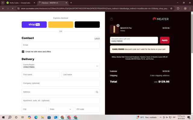 Meater checkout page showing Meater discount code box | Screenshot taken by SimplyCodes community member on Mar 31, 2025