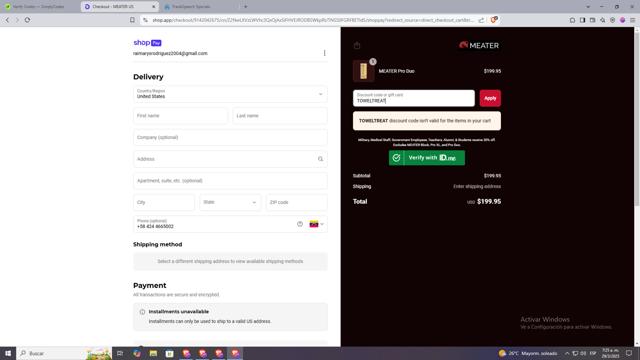 Meater checkout page showing Meater discount code box | Screenshot taken by SimplyCodes community member on Mar 29, 2025