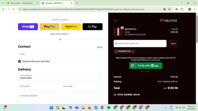 Meater checkout page showing Meater discount code box | Screenshot taken by SimplyCodes community member on Mar 20, 2025