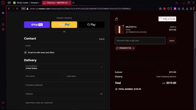 Meater checkout page showing Meater discount code box | Screenshot taken by SimplyCodes community member on Mar 16, 2025