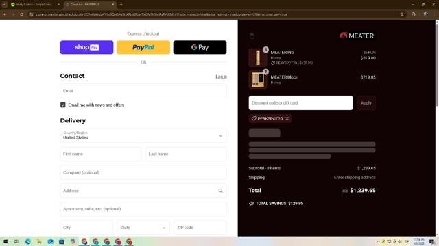 Meater checkout page showing Meater discount code box | Screenshot taken by SimplyCodes community member on Mar 8, 2025