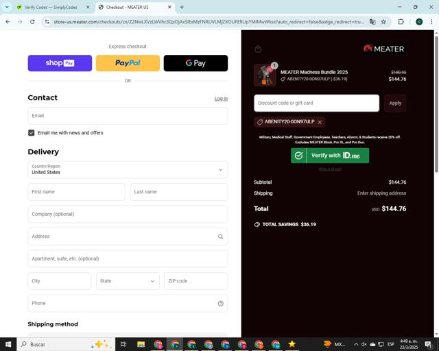 Meater checkout page showing Meater discount code box | Screenshot taken by SimplyCodes community member on Mar 23, 2025