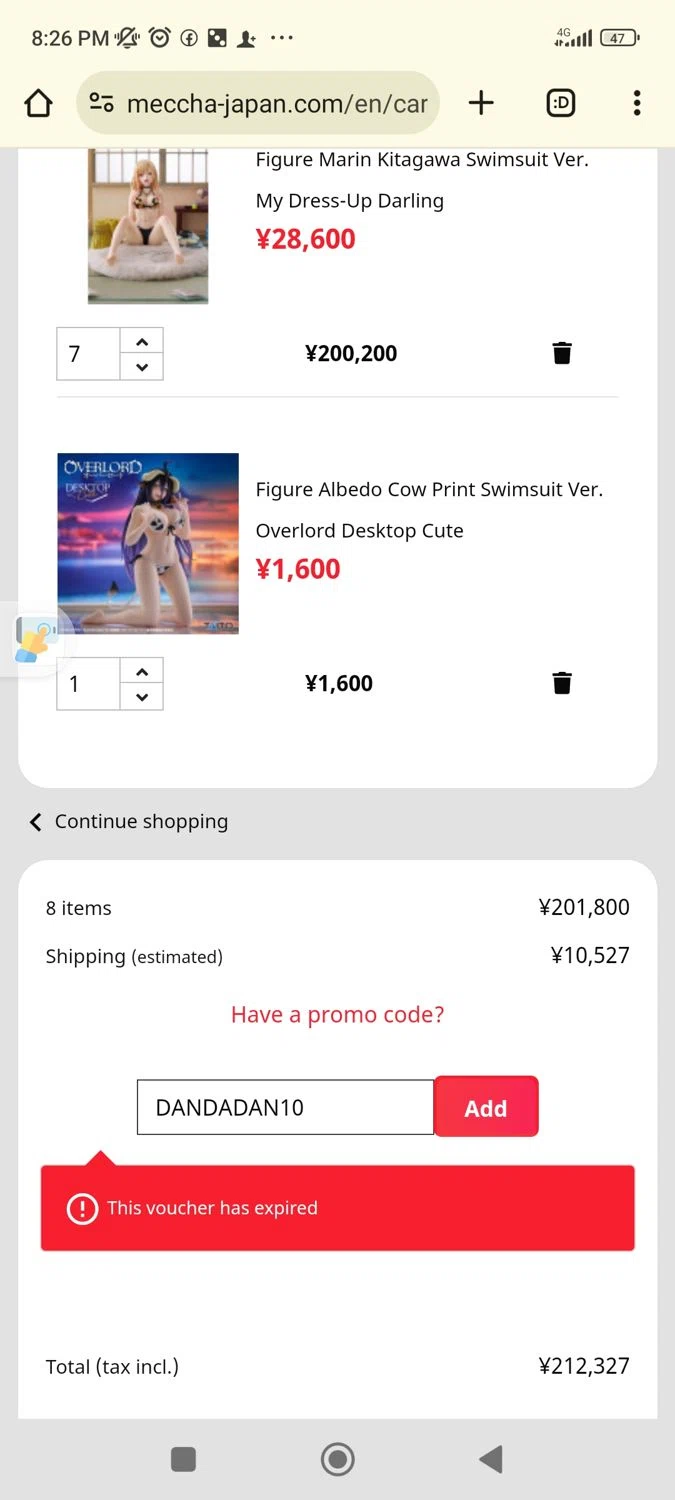 Meccha-Japan promo code screenshot showing code DANDADAN10 applied at Meccha-Japan checkout page. Uploaded by SimplyCodes community member Josemedina on Jan 11, 2025