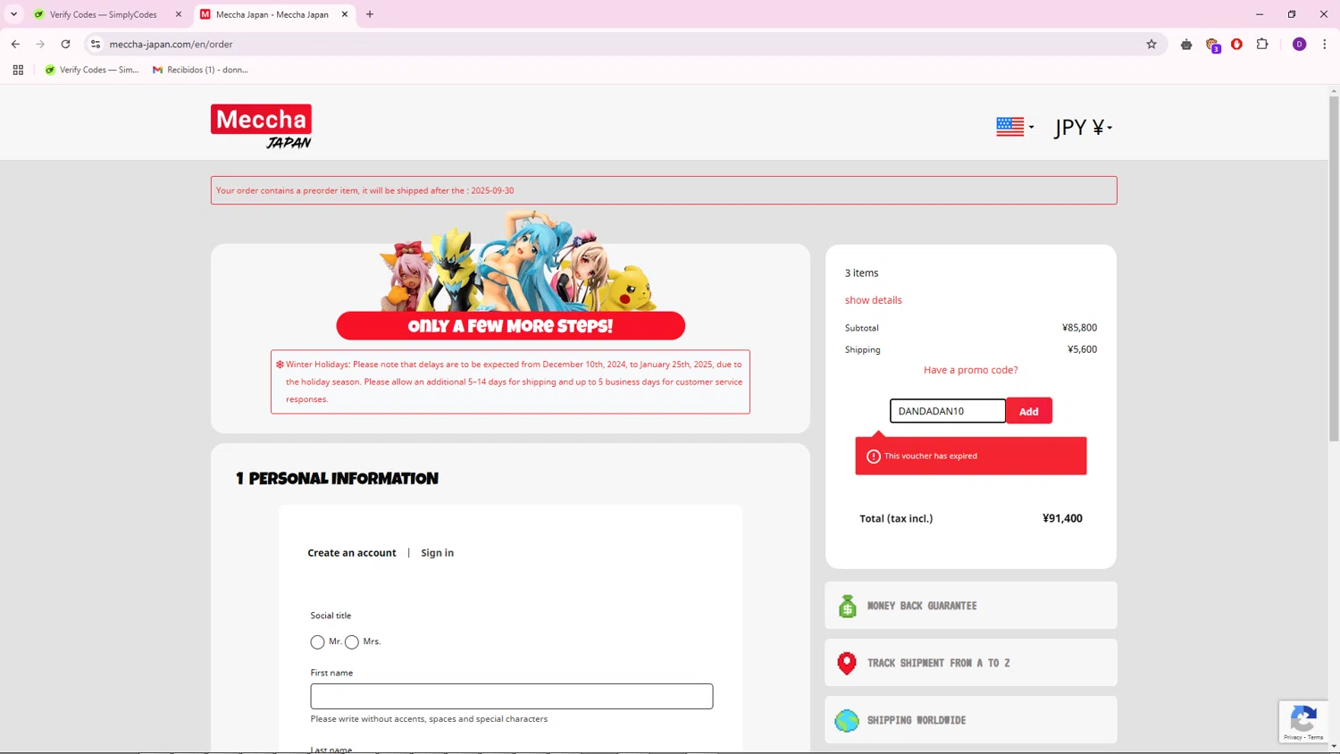 Meccha-Japan promo code screenshot showing code DANDADAN10 applied at Meccha-Japan checkout page. Uploaded by SimplyCodes community member RebateTiger7896 on Jan 11, 2025