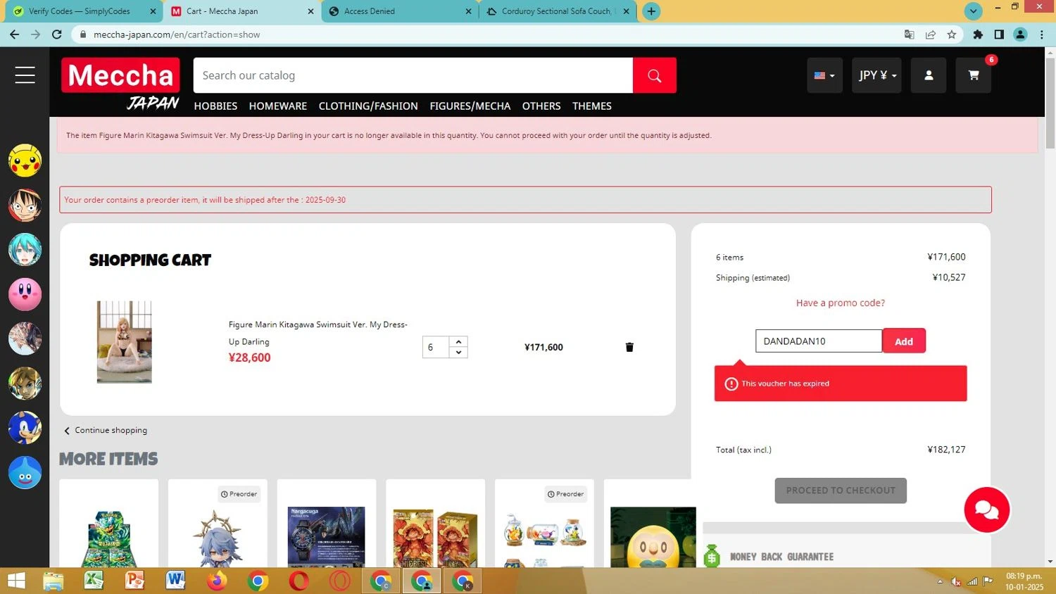 Meccha-Japan promo code screenshot showing code DANDADAN10 applied at Meccha-Japan checkout page. Uploaded by SimplyCodes community member VictoriousPilot5369 on Jan 11, 2025