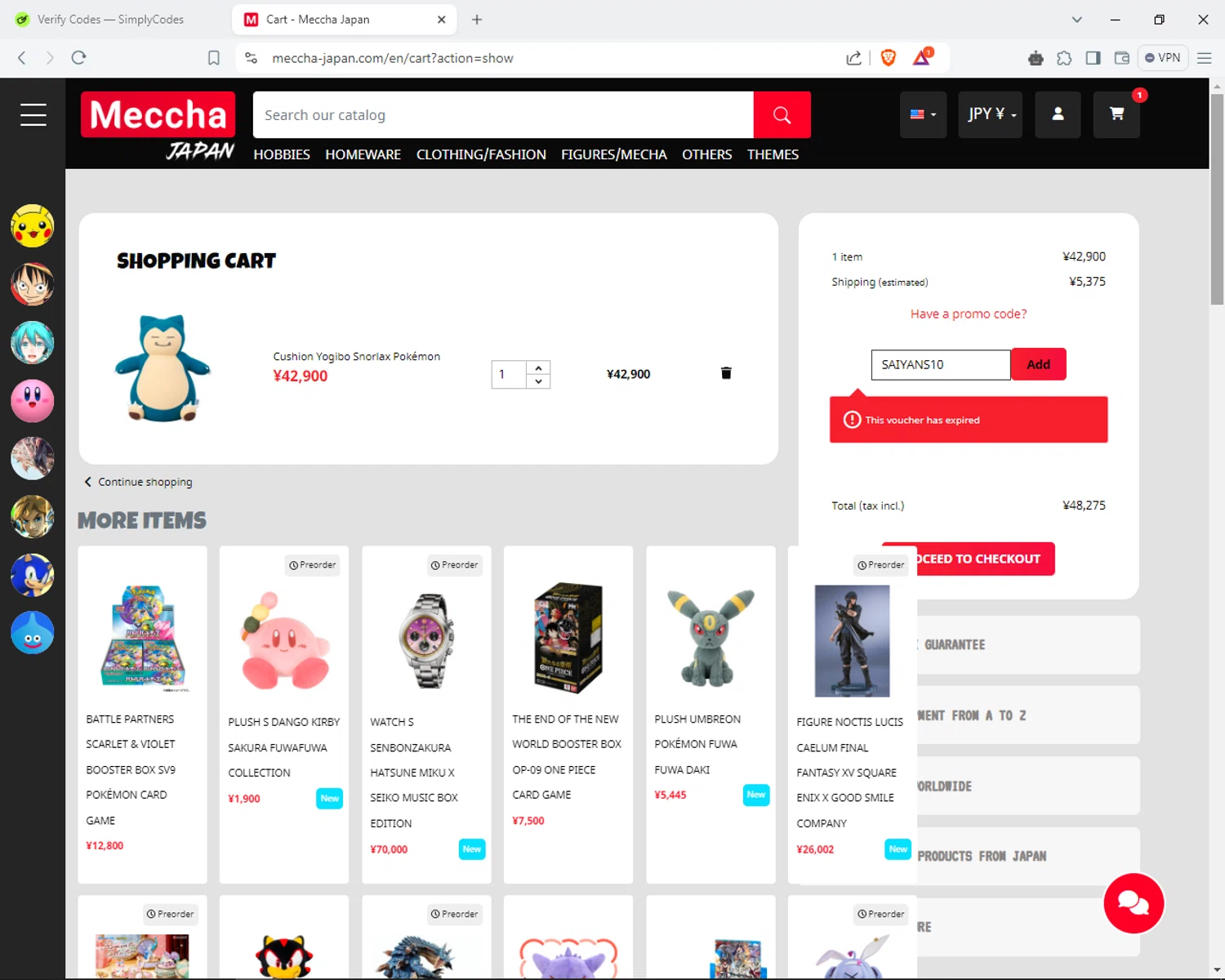 Meccha-Japan promo code screenshot showing code SAIYANS10 applied at Meccha-Japan checkout page. Uploaded by SimplyCodes community member CleverPioneer8971 on Feb 19, 2025