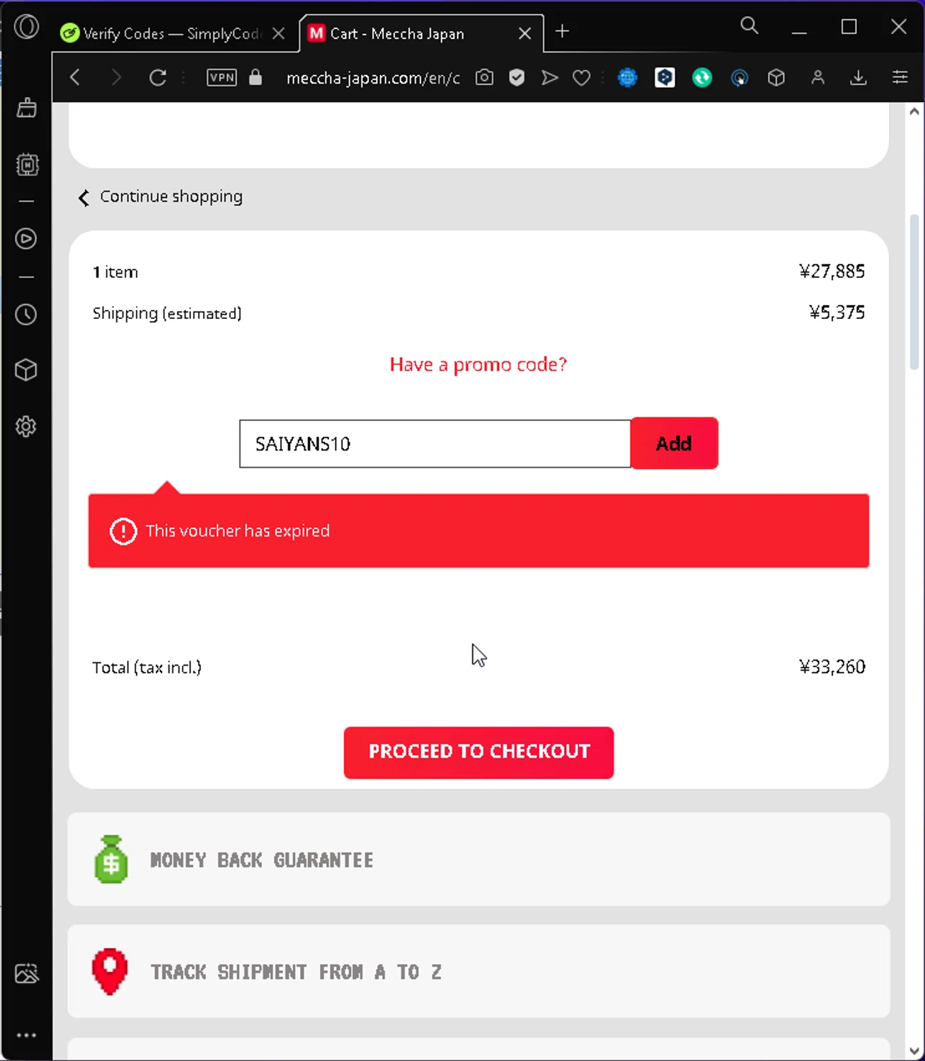 Meccha-Japan promo code screenshot showing code SAIYANS10 applied at Meccha-Japan checkout page. Uploaded by SimplyCodes community member carlosromero on Jan 13, 2025