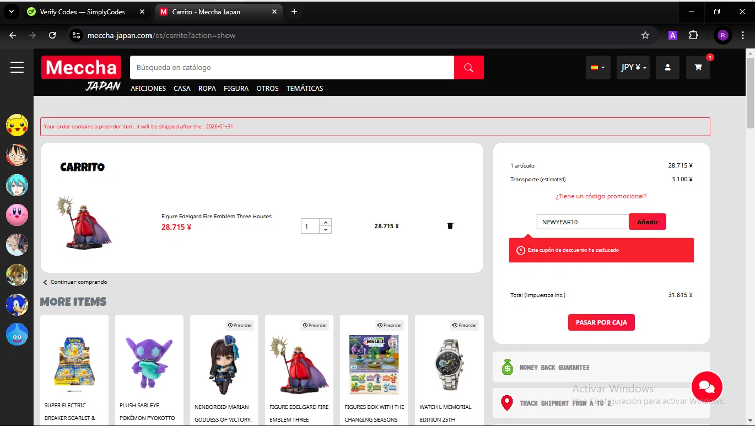 Meccha-Japan promo code screenshot showing code NEWYEAR10 applied at Meccha-Japan checkout page. Uploaded by SimplyCodes community member GabrielCichero on Jan 17, 2025