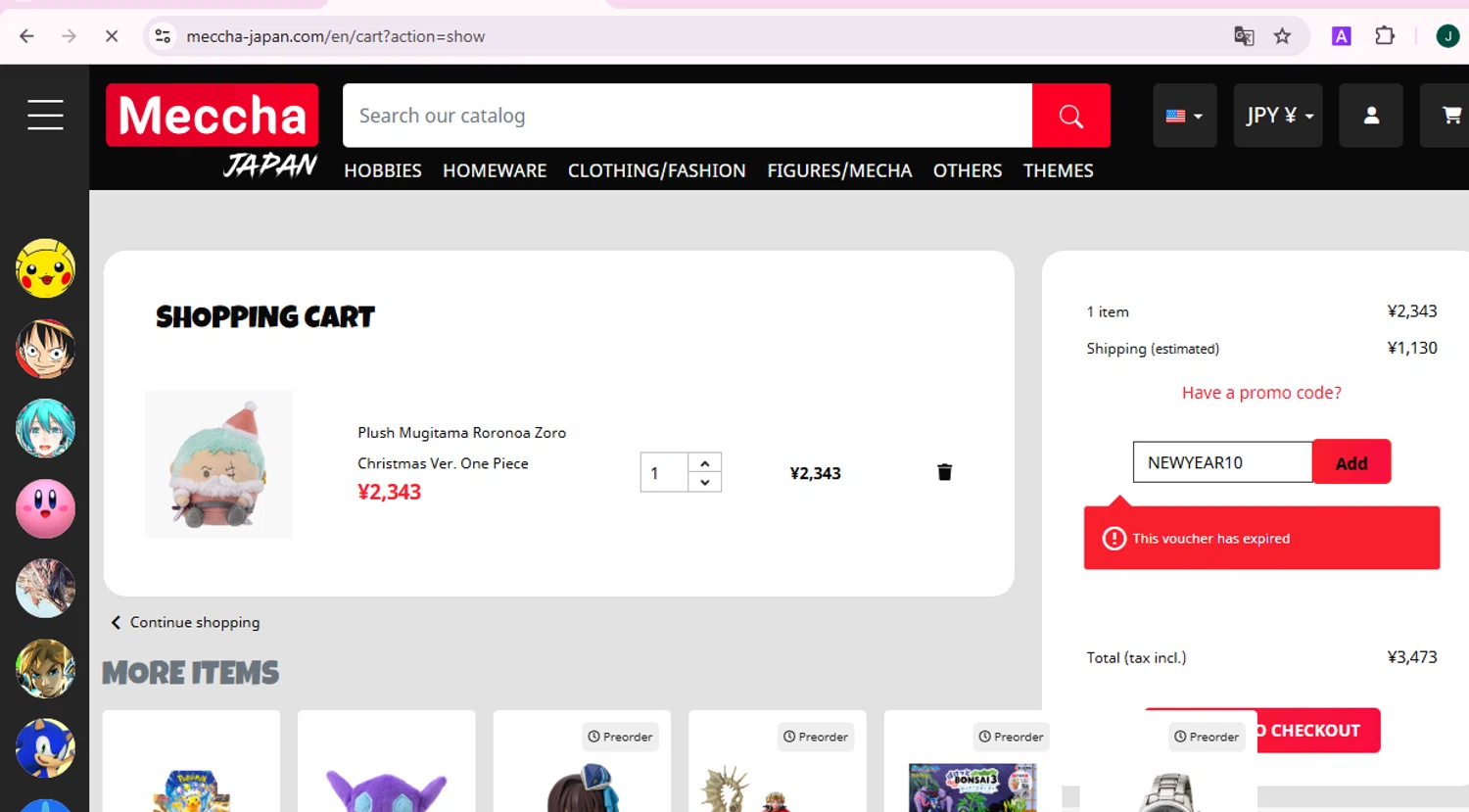 Meccha-Japan promo code screenshot showing code NEWYEAR10 applied at Meccha-Japan checkout page. Uploaded by SimplyCodes community member ShieldCaptain7812 on Jan 17, 2025