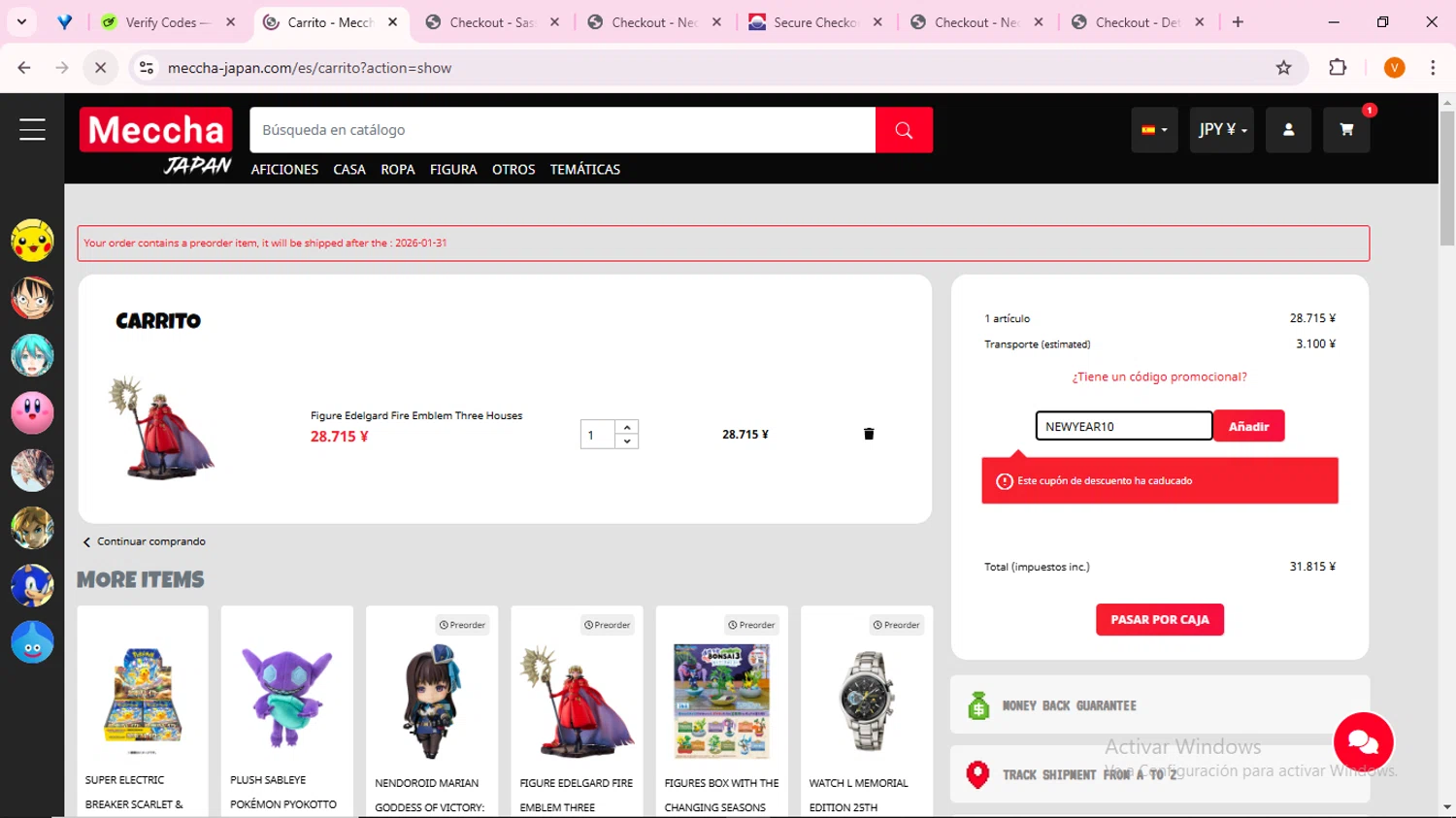 Meccha-Japan promo code screenshot showing code NEWYEAR10 applied at Meccha-Japan checkout page. Uploaded by SimplyCodes community member FortunateFinder9465 on Jan 17, 2025