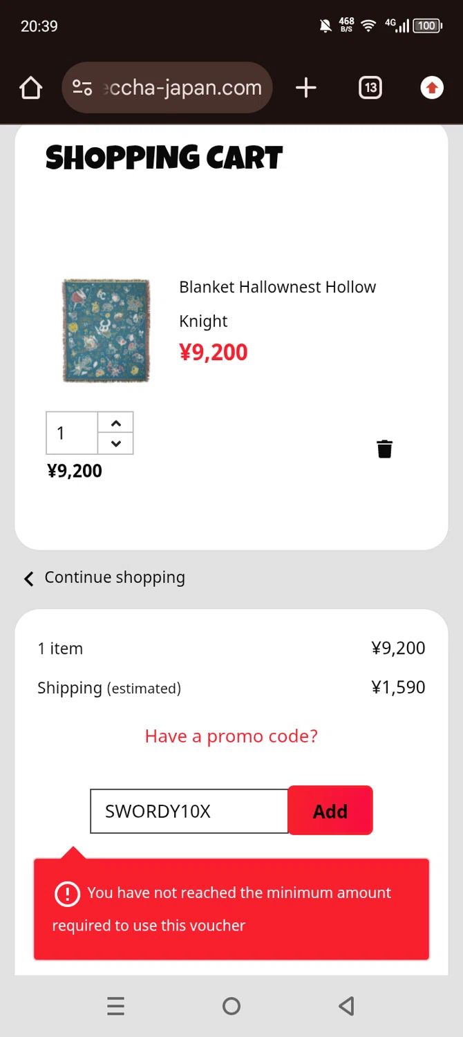 Meccha-Japan checkout page showing Meccha-Japan promo code box | Screenshot taken by SimplyCodes community member on Jan 9, 2026